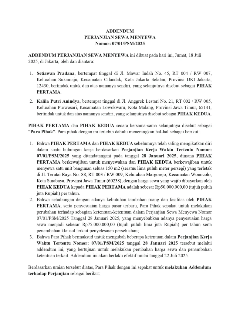 Addendum Kontrak: Pengertian, Fungsi, Contoh, dan Cara Membuatnya Contoh addendum kontrak (format sederhana)