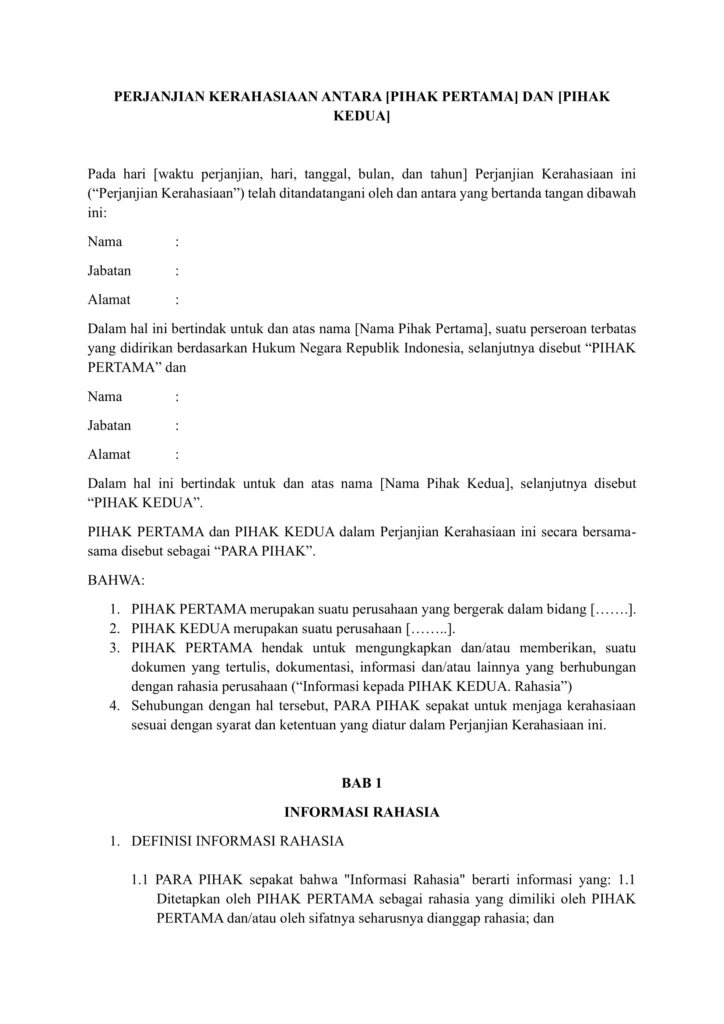 Pengertian, Fungsi, dan Contoh Non-Disclosure Agreemet PERJANJIAN KERAHASIAAN ANTARA 1