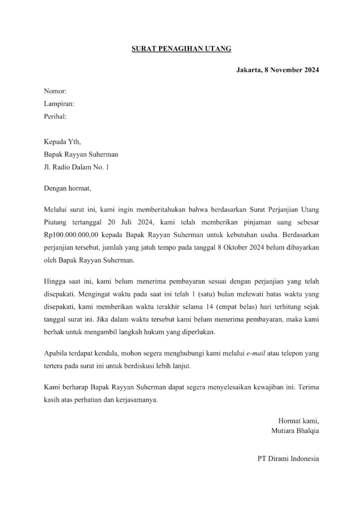 Contoh Surat Penagihan Utang Legal 